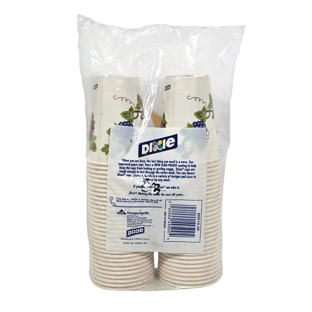VTG 2002 Dixie Cups 9 oz 60 Count Grape Vine Design‎ Leak Proof Coating Sealed